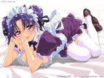  breasts cleavage copyright_request double_bun ino large_breasts maid purple_eyes purple_hair solo thighhighs 