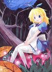  alice_(wonderland) alice_in_wonderland apron blonde_hair blue_eyes earrings forest in_tree jewelry mushroom nature outdoors shiba_yuusuke sitting sitting_in_tree solo thighhighs tree 