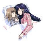  artist_name blue_hair brown_hair chimaro closed_eyes fukuzawa_yumi hair_down long_hair long_sleeves lowres maria-sama_ga_miteru multiple_girls oekaki ogasawara_sachiko pajamas pillow plaid_pajamas profile short_hair sleeping white_background 