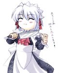  ^_^ blush closed_eyes knife kotonomiya_yuki long_sleeves maid short_hair solo suigetsu white_hair 