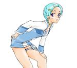  aoi_zero aqua_hair arm_support bad_anatomy bent_over dress eureka eureka_seven eureka_seven_(series) hair_ornament hairclip hand_on_ass legs long_sleeves looking_at_viewer open_mouth purple_eyes short_dress short_hair simple_background solo thigh_strap 