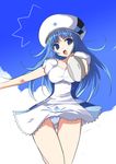  arin beret blue_eyes blue_hair breasts dress dress_lift hat large_breasts leg_lift long_hair pangya panties pantyshot pantyshot_(standing) shijou_sadafumi solo standing thigh_gap underwear white_panties wind wind_lift 