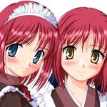  artist_request blue_eyes blush closed_mouth duplicate face head_tilt hisui jpeg_artifacts kohaku looking_at_viewer lowres maid maid_headdress multiple_girls red_hair resized short_hair siblings simple_background sisters smile tsukihime twins upscaled yellow_eyes 