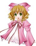  big_wednesday blonde_hair bow dress drill_hair green_eyes hair_bow hina_ichigo long_sleeves looking_at_viewer neck_ribbon pink_bow puffy_sleeves ribbon rozen_maiden short_hair simple_background sleeves_past_wrists smile solo 