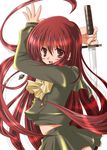  alastor_(shakugan_no_shana) artist_request bow jewelry long_hair long_sleeves pendant red_eyes red_hair school_uniform shakugan_no_shana shana solo sword weapon 