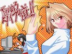  ahoge annoyed arcueid_brunestud artist_request aura blonde_hair blush brown_hair computer hairband long_hair long_sleeves looking_at_viewer monitor multiple_girls neck_ribbon ribbon shirt short_hair skirt smile sweater teardrop toono_akiha tsukihime turtleneck typing very_long_hair 