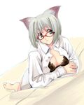  animal_ears barefoot black_bra bra breasts cat_ears cleavage glasses green_eyes grey_hair kabocha_(monkey4) lace lace-trimmed_bra large_breasts lingerie long_sleeves lying on_stomach open_clothes open_shirt original red-framed_eyewear shirt short_hair solo underwear white_shirt 