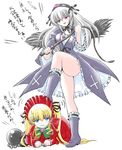  ass ball_and_chain_restraint bangs bdsm blonde_hair blush boots bow cross cuffs dominatrix drill_hair femdom flower frills handcuffs imai_kazunari long_hair long_sleeves multiple_girls open_mouth ribbon rose rozen_maiden shinku silver_hair stepped_on suigintou twintails whip wings 