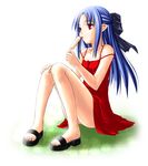  artist_request blue_hair dress food grass half_updo kagetsu_tooya len long_hair melty_blood pointy_ears popsicle red_eyes ribbon sitting solo strap_slip sweat tsukihime 