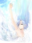  angel bare_shoulders blue_hair closed_eyes dress falling feathers hara_takehito long_hair original outdoors sky solo tears wings 
