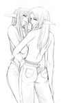  artist_request back cigarette cigarette_kiss denim elf elvaan final_fantasy final_fantasy_xi from_behind greyscale hand_on_hip jeans long_hair looking_back monochrome multiple_girls pants pointy_ears simple_background smoking topless yuri 