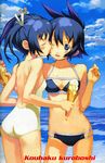  back beach bikini blue_eyes blue_hair cheek_kiss closed_eyes cloud copyright_request day food ice_cream kiss kuroboshi_kouhaku licking multiple_girls ocean one_eye_closed outdoors swimsuit tan water yuri 