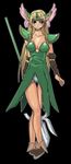  blonde_hair blue_eyes blue_panties blush crossed_legs detached_sleeves dress green_dress halberd headdress panties polearm riesz seiken_densetsu seiken_densetsu_3 shoes sima solo standing striped striped_panties thigh_gap underwear watson_cross weapon 