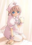  arm_support bed_sheet belt blue_eyes blush braid brown_hair cross curtains dress hat jirou_(chekoro) looking_at_viewer nurse nurse_cap on_bed original pantyhose pink_dress puffy_short_sleeves puffy_sleeves short_braid short_hair short_sleeves single_braid sitting solo white_legwear wrist_cuffs 