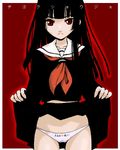  bangs black_hair black_serafuku black_skirt blunt_bangs clothes_writing enma_ai front-print_panties hime_cut ishida_masatsuki jigoku_shoujo long_hair long_sleeves lowleg lowleg_panties lowres panties print_panties red_eyes school_uniform serafuku skirt skirt_lift solo standing thigh_gap underwear underwear_writing white_panties 