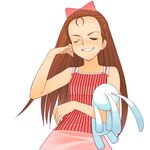  a1 bow bunny dress hair_bow hairband idolmaster idolmaster_(classic) idolmaster_1 long_hair minase_iori ojou-sama_pose one_eye_closed pink_bow simple_background smile solo striped stuffed_animal stuffed_bunny stuffed_toy vertical_stripes white_background 