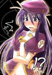  1girl artist_request beret between_breasts black_background blush bracelet breasts embarrassed etherlite grey_eyes hand_between_breasts hat jewelry melty_blood purple_hair sion_eltnam_atlasia solo string sweatdrop tsukihime 