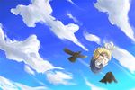  ahoge artoria_pendragon_(all) bird blonde_hair chibi cloud crow day fate/stay_night fate_(series) flying helicopter_hair long_sleeves saber satomi solo 