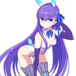  &gt;:( 1girl alternate_costume animal_ears armored_boots bangs bare_shoulders bent_over blue_eyes blue_neckwear blue_ribbon blush boots breasts bunny_ears bunny_girl bunny_tail bunnysuit chan_co detached_collar elbow_gloves eyebrows_visible_through_hair fate/grand_order fate_(series) gloves hair_ribbon leotard long_hair looking_at_viewer meltlilith neck_ribbon purple_eyes purple_gloves ribbon simple_background small_breasts solo straight_hair strapless strapless_leotard tail thigh_boots thighhighs thighs v-shaped_eyebrows very_long_hair white_background white_leotard 