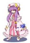  bell bow cappccino crescent hair_bow hat jingle_bell long_hair long_sleeves patchouli_knowledge purple_hair red_hair sleeves_past_wrists slippers solo touhou white_background wide_sleeves 