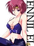  after_war_gundam_x artist_request breasts bustier cleavage ennil_el gundam headband large_breasts lingerie open_fly purple_eyes red_hair solo underwear unzipped 