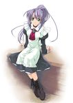  arm_support brooch copyright_request green_eyes jewelry long_hair long_sleeves maid murakami_suigun ponytail purple_hair sitting solo tile_floor tiles 
