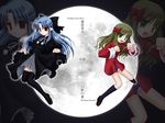  arima_miyako artist_request blue_hair bow brown_hair chinese_clothes full_moon gothic_lolita green_eyes hair_bow half_updo len lolita_fashion long_hair long_sleeves melty_blood moon multiple_girls thighhighs tsukihime zoom_layer 