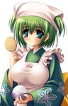  apron blush bowl green_hair haruno_chigusa head_scarf japanese_clothes long_sleeves maid_apron meguri_hitohira. norita rice rice_bowl rice_spoon short_hair solo wa_maid 