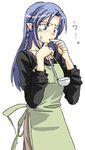  ? apron blue_hair braid caster cowboy_shot fate/stay_night fate_(series) fujitsuki green_apron ladle long_hair long_sleeves nervous pointy_ears saucer simple_background solo sweat tasting white_background 