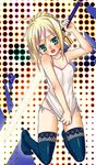  akito_(ao's_club) artoria_pendragon_(all) black_legwear blonde_hair blush camisole covered_nipples covering covering_crotch embarrassed excalibur fate/stay_night fate_(series) flat_chest green_eyes hair_bun kneeling panties saber shirt_tug side-tie_panties solo sword thighhighs underwear weapon white_panties 