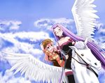  bellerophon dress emiya_shirou fate/stay_night fate_(series) flying genderswap genderswap_(mtf) limit_break long_hair long_sleeves multiple_girls multiple_riders parody pegasus personality_switch pillion rider riding shirouko strapless strapless_dress thighhighs very_long_hair 