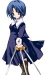  artist_request black_footwear black_keys blue_dress blue_eyes blue_hair boots ciel collar cross-laced_footwear dress head_tilt holding holding_weapon long_sleeves looking_at_viewer short_hair simple_background solo sword tsukihime turning_head weapon 