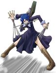 artist_request black_keys blue_eyes blue_hair boots ciel cross-laced_footwear dress glasses lace-up_boots legs_apart long_sleeves mouth_hold pile_bunker seventh_holy_scripture short_hair solo standing tsukihime weapon 