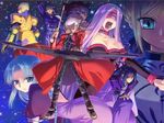  5boys archer armor arrow artoria_pendragon_(all) assassin_(fate/stay_night) belt berserker blindfold blonde_hair blue_eyes blue_hair boots bow bow_(weapon) breasts caster coat collar dark_skin dark_skinned_male dress duplicate everyone facial_mark fate/hollow_ataraxia fate/stay_night fate_(series) forehead_mark gilgamesh green_eyes hair_bow kneeling lancer large_breasts long_sleeves looking_at_viewer looking_back multiple_boys multiple_girls one_knee overcoat ponytail purple_hair rider saber serious shouting space strapless strapless_dress weapon white_hair 