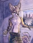  2014 abs anthro athletic blue_eyes canid canine clothed clothing fennec fox fur hi_res looking_at_viewer male mammal painting_(artwork) pecs ruaidri scar smile tattoo topless traditional_media_(artwork) watercolor_(artwork) 
