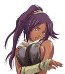  bleach breast_squeeze breasts covered_nipples dark_skin large_breasts naughty_face ponytail purple_hair q-gaku shihouin_yoruichi solo yellow_eyes 