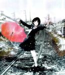  balancing long_sleeves mikimoto_haruhiko original pleated_skirt railroad_tracks school_uniform skirt snow snowing solo umbrella 