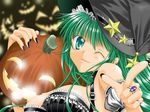  bare_shoulders breasts detached_sleeves green_eyes green_hair halloween hat jewelry jpeg_artifacts lantern large_breasts one_eye_closed pumpkin ring solo strap witch witch_hat 