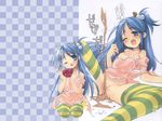  apron blue_hair censored copyright_request food highres itou_noiji miso_soup multicolored multicolored_clothes multicolored_legwear naked_apron solo soup striped striped_legwear tape thighhighs wallpaper what 