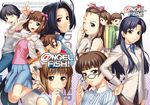  :d :p ;p ahoge akizuki_ritsuko amami_haruka black-framed_eyewear blue_skirt blush bow brown_eyes brown_hair buttons everyone futami_ami futami_mami glasses green_eyes hagiwara_yukiho hair_bow hand_on_hip holding_hands idolmaster idolmaster_(classic) idolmaster_1 interlocked_fingers jacket kikuchi_makoto kisaragi_chihaya long_sleeves looking_at_viewer minase_iori miura_azusa multiple_girls one_eye_closed open_mouth pants parted_lips pointing red_eyes salute sandals shirt short_hair skirt smile striped striped_shirt stuffed_animal stuffed_toy takatsuki_yayoi tanaka_shoutarou tongue tongue_out twintails vertical-striped_shirt vertical_stripes 