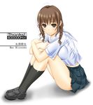  big_wednesday braid brown_eyes brown_hair character_name impossible_clothes impossible_shirt kibina_high_school_uniform kimi_kiss knees_up leg_hug looking_at_viewer midriff mizusawa_mao pleated_skirt school_uniform shirt sitting skirt solo twin_braids 