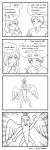  1boy 1girl 4koma bob_cut carrot comic daigaku_nyuushi_center_shiken drawing emphasis_lines english_text freckles greyscale highres monochrome polo_shirt short_hair wings yamamoto_arifred 