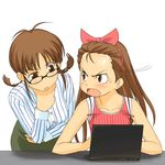  a1 akizuki_ritsuko annoyed blush braid brown_eyes brown_hair camisole chin_stroking collarbone computer crossed_arms forehead glasses hairband idolmaster idolmaster_(classic) idolmaster_1 laptop leaning_forward long_hair looking_at_another minase_iori multiple_girls sitting striped sweatdrop twin_braids vertical_stripes 