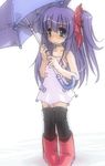  ankle_boots bare_shoulders black_legwear blue_eyes blush boots collarbone crusoe dress long_hair lowres nose_blush one_side_up original purple_dress purple_hair red_footwear red_ribbon ribbon simple_background solo spaghetti_strap standing thighhighs umbrella very_long_hair wavy_mouth white_background zettai_ryouiki 