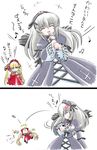  2girls anger_vein annoyed black_wings blonde_hair blush bonnet comic cup dress falling flower frills grey_hair hitting imai_kazunari long_hair long_sleeves microphone multiple_girls music rose rozen_maiden shinku singing smile suigintou teacup throwing translated very_long_hair wings 