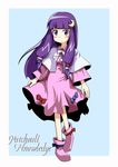  artist_request blue_background blue_eyes blush bow bowtie capelet character_name crescent crescent_hair_ornament dress error hair_ornament hair_ribbon long_hair long_sleeves no_hat no_headwear patchouli_knowledge purple_dress purple_hair ribbon sidelocks simple_background slippers socks solo source_request standing touhou tress_ribbon 