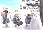  &gt;_&lt; :d ankle_boots arrow blonde_hair boots clenched_teeth closed_eyes coat comic earmuffs falling_snow fir_tree gloves hairband long_sleeves new_(new's_network) open_mouth original pink_footwear short_hair smile snow teeth translation_request tree white_gloves wince winter winter_clothes winter_coat 