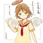  angel_wings brown_eyes brown_hair cake food haibane_renmei halo orange_sailor_collar pastry rakka sailor_collar short_hair solo translated wings yuuichi_(tareme_paradise) 