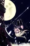  blonde_hair breasts cleavage elbow_gloves full_moon gloves gothic jewelry medium_breasts moon necklace night original refeia scythe smile solo thighhighs tokyo_tower upside-down wind 