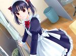  apron blue_hair bow bush chair curtains from_side game_cg ginta hair_bow kaburagi_haruna long_sleeves looking_at_viewer maid maid_apron maid_headdress pure_x_cure red_eyes solo trash_can window wooden_floor 